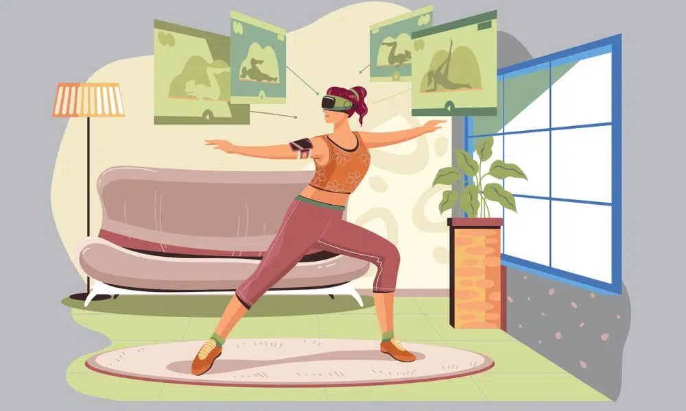 A woman practicing yoga while wearing virtual reality glasses, immersed in a digital environment.